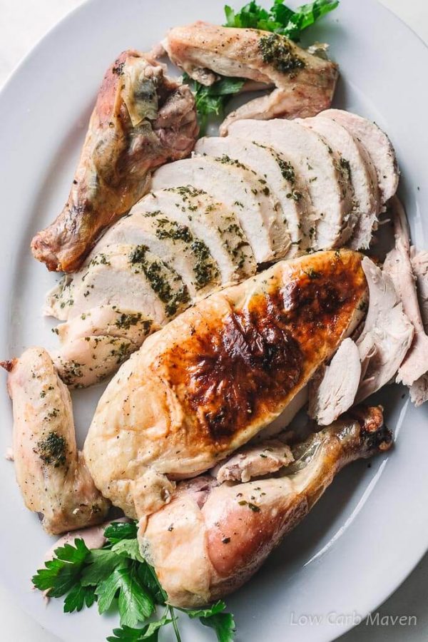 Simple oven roasted chicken with herbed butter and crispy skin.