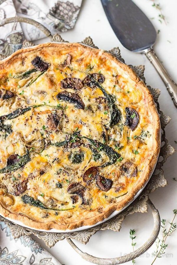 Enjoy this spinach and mushroom quiche as a quick breakfast or for brunch. This vegetarian quiche is packed with protein and vegetables. Also low carb and keto.
