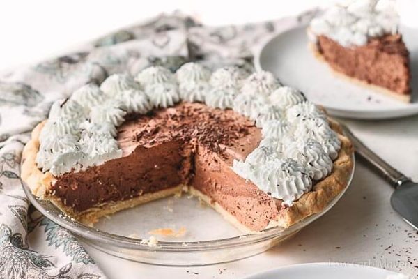 Sugar Free Chocolate Pie (French Silk Pie) with whipped cream and chocolate shavings