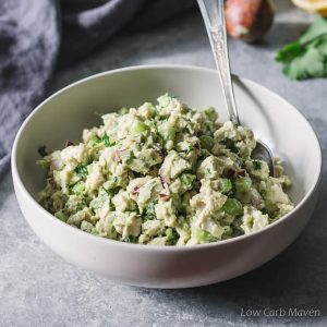 low carb avocado chicken salad with no mayo in a bowl with spoon