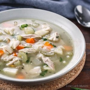 Low carb chicken soup with vegetables in a bowl.