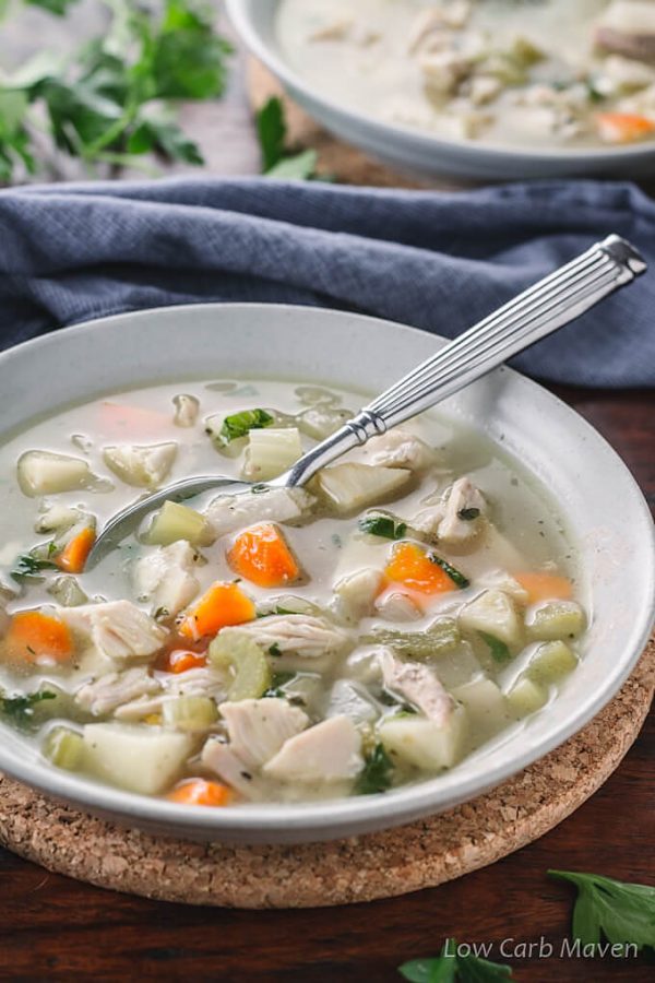 A fast and easy low carb chicken soup with vegetables recipe that's perfect for a light lunch or dinner.
