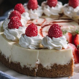 Keto cheesecake with raspberry swirl.
