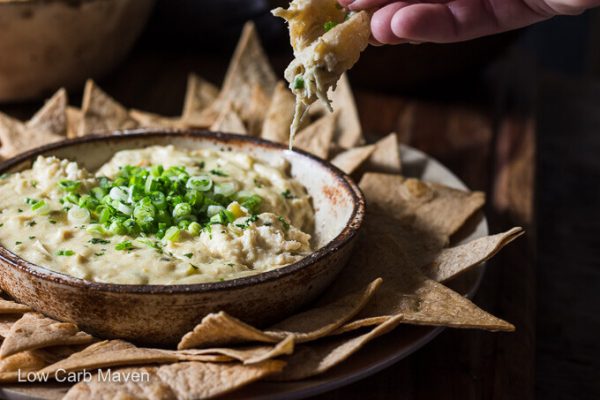 Chicken enchilada dip with green onions and cilantro in a bowl with tortilla chips.