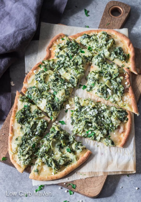 Spinach artichoke pizza with an easy low carb keto fathead pizza crust. #pizza #spinachartichokedip #ketopizza #fathead