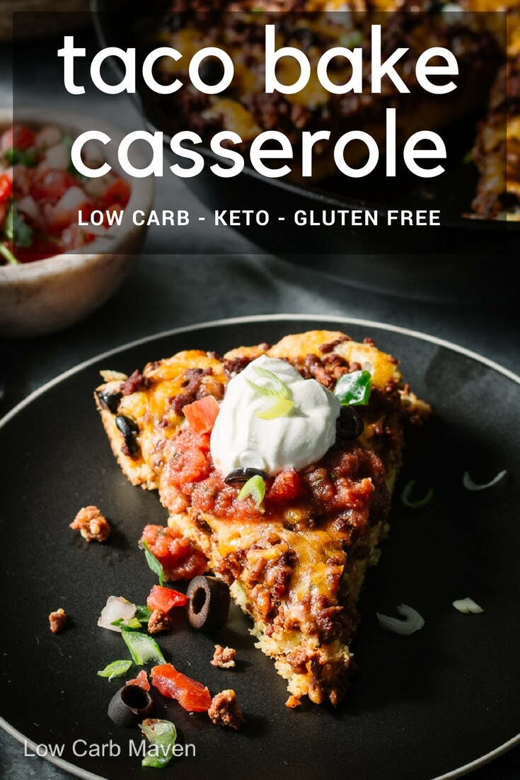 Easy taco bake casserole with ground beef & gluten-free cornbread is a great low carb Mexican recipe. #mexican #taco #caserole #cornbread #glutenfree #lowcarb #keto #easy #tacopie