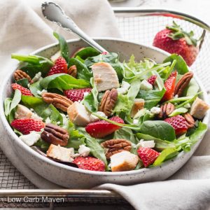 Spinach strawberry pecan salad with feta cheese and homemade balsamic vinaigrette.