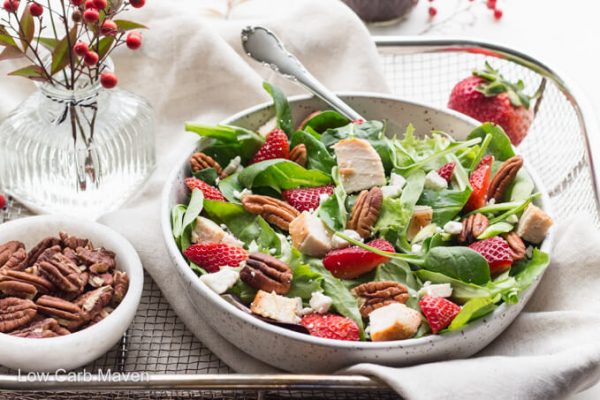 Spinach strawberry pecan salad with feta cheese and homemade balsamic vinaigrette.