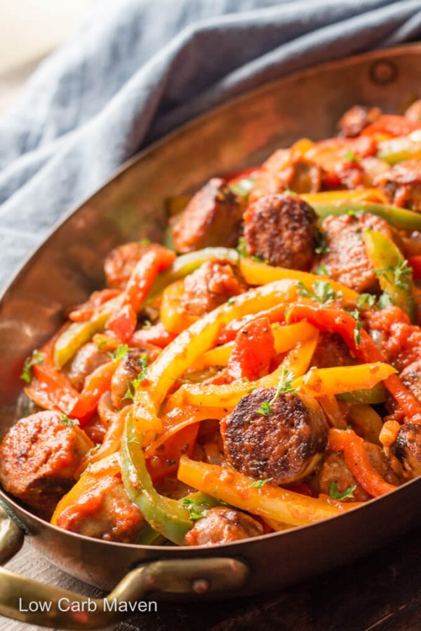 Italian sausage, peppers and onions with Sauce #lowcarb #keto #italiansausage #italiansausagerecipes #italiansausageandpeppers #lowcarbdinner #skilletmeals