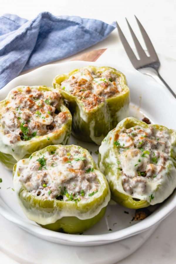 Easy and tasty Philly Cheesesteak Stuffed Peppers. #lowcarb #keto #easy #dinner #stuffedpeppers #phillycheesesteak #groundbeef #provolone #baked #oven