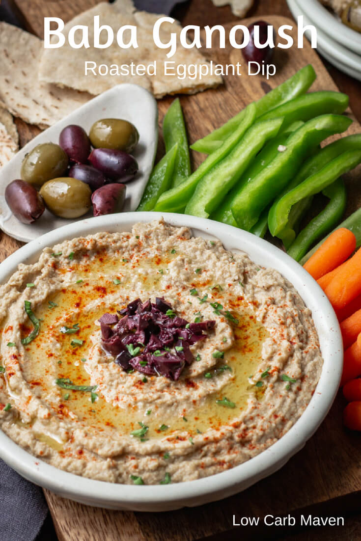 Roasted Eggplant Dip - Baba Ganoush. Creamy low carb eggplant dip with Middle Eastern flavors. #lowcarb #keto #babaganoush #eggplantdip #eggplant #appetizer