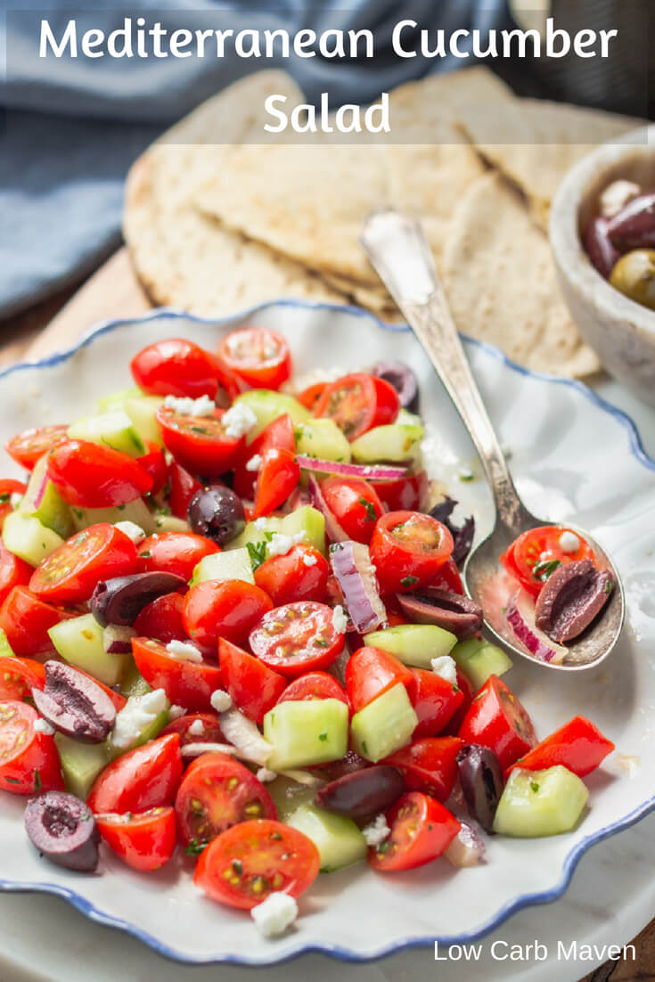 Mediterranean Cucumber Salad (Tomato and Cucumber Salad) with Kalamata olives, red onion, and feta cheese. #mediterranean #salad #tomato #cucumber #fetacheese #lowcarb #keto