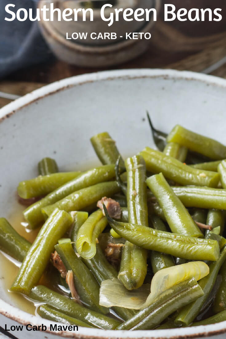 Southern green beans are full of flavor and a comfort food staple. #southerngreenbeans #southern #greenbeans #bacon #onions #lowcarb #keto #easy #sides