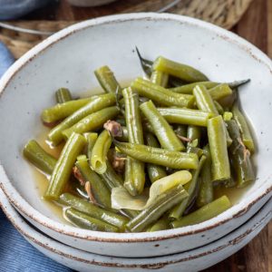 Southern style green beans with pork and broth.
