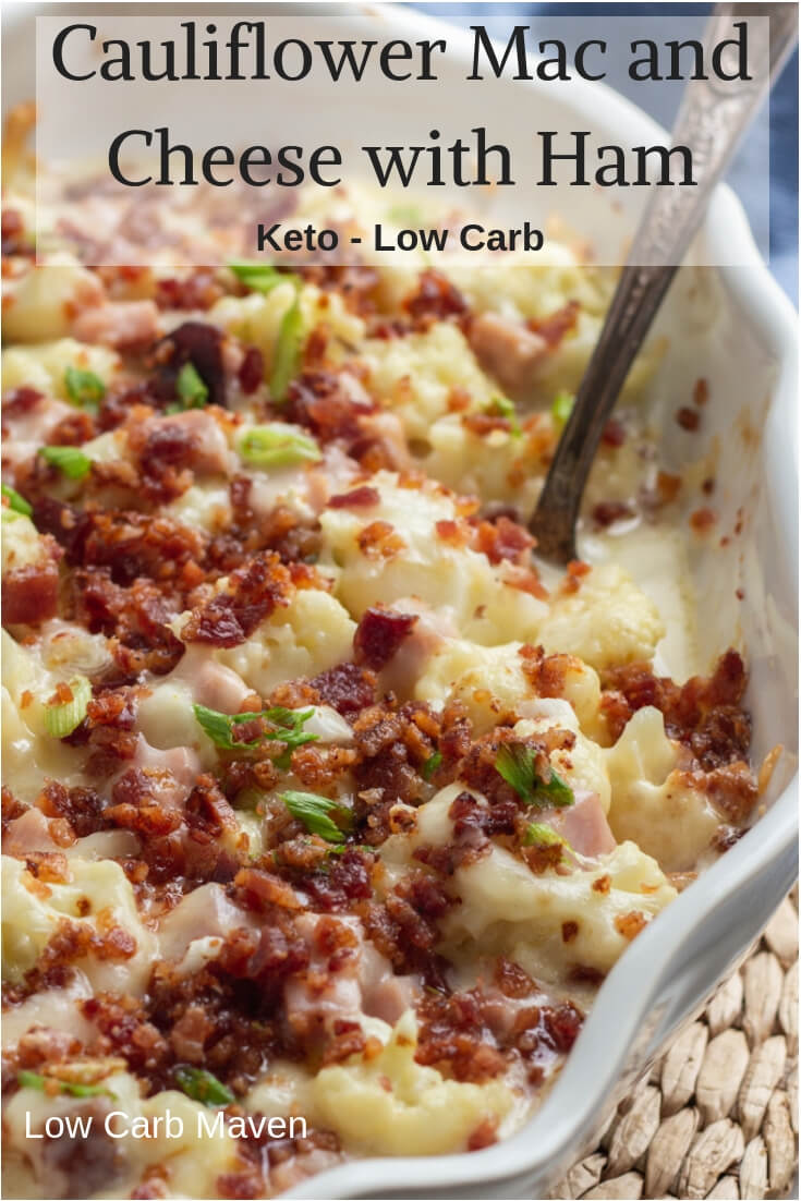 Tender cauliflower and cubed ham in a creamy cheese sauce topped with crispy bacon. This low carb and keto recipe is easy, cheesy and delicious!
