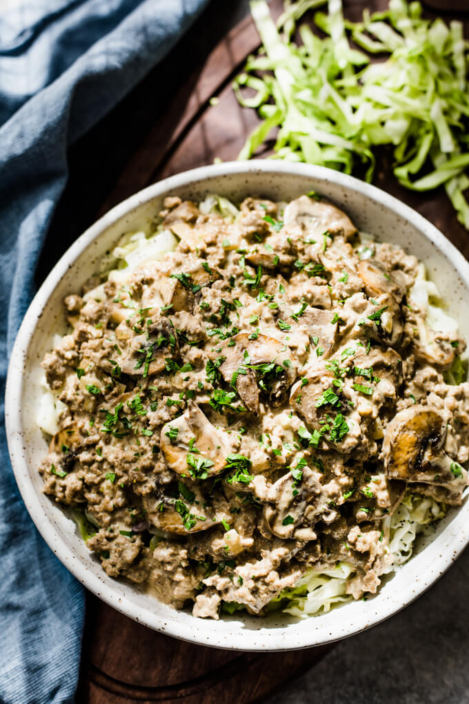 Try this easy low carb ground beef stroganoff with cream cheese and mushrooms on cabbage noodles.