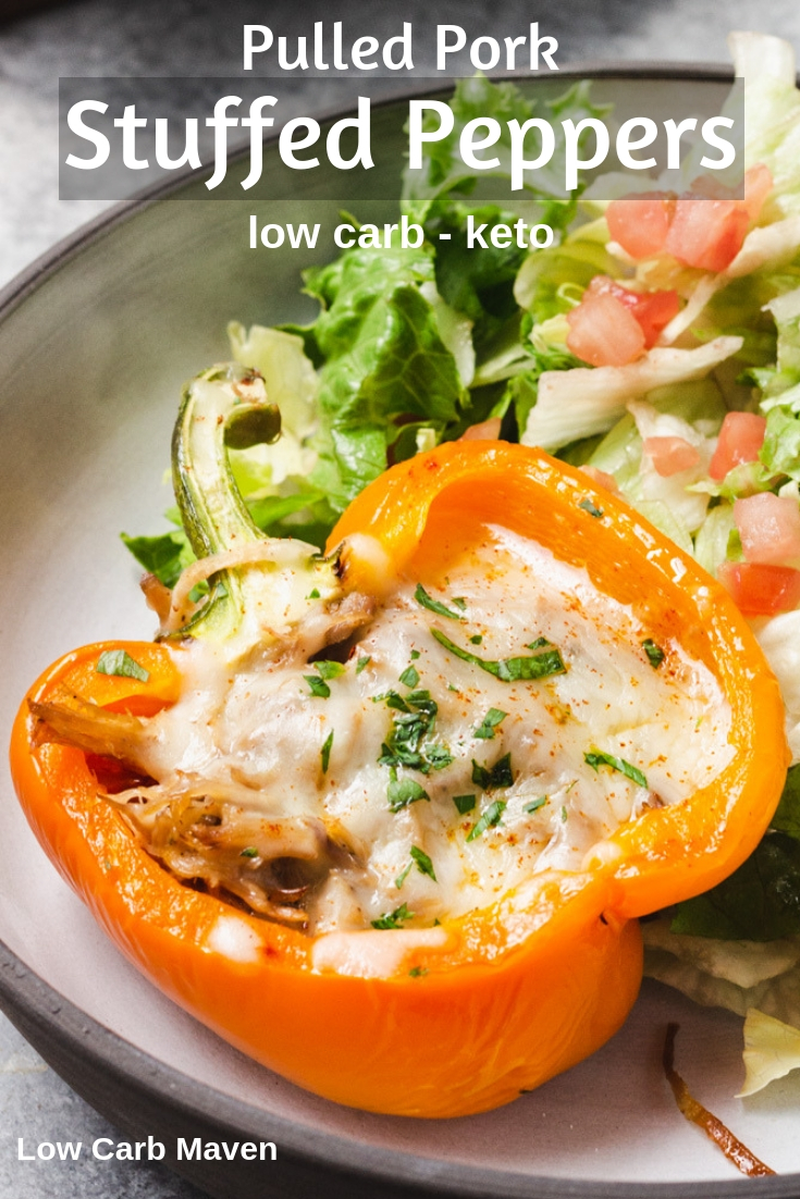 Pulled Pork Stuffed Peppers make a great low carb, keto meal! #pulledporkstuffedpeppers #pulledpork #stuffedpeppers