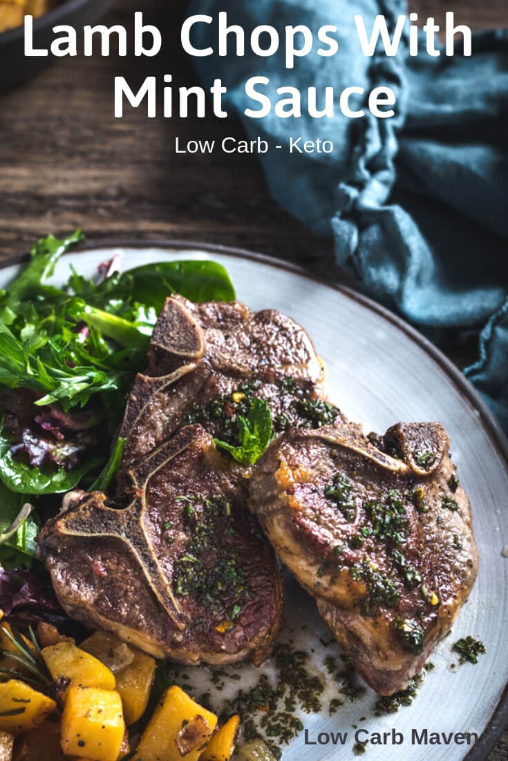 Lamb With Mint Sauce and Rosemary Roasted Rutabaga - a tasty low carb keto meal. #lamb #lambchops #mintsauce #lowcarb