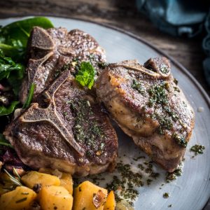 lamb with mint sauce and roasted rutabagas with green salad