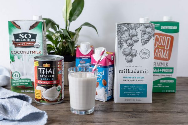 Low Carb Keto milk options: coconut milk, almond milk, and macadamia milk.
