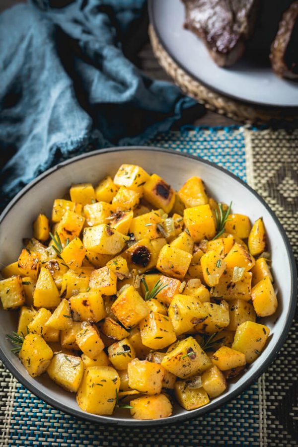 Roasted Rutabaga with rosemary and onions - a great low carb potato sub!