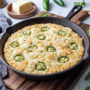 Keto cheddar jalapeno cornbread in a cast iron skillet