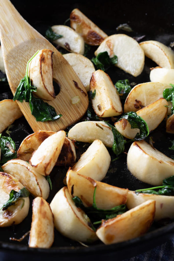 Pan Fried Turnips Recipe with Onions and Spinach