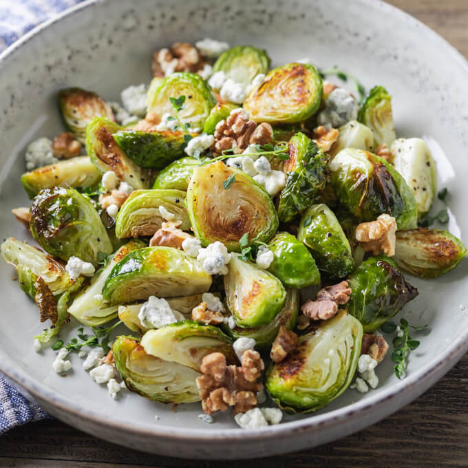 Roasted Brussels Sprouts with Walnuts and Blue Cheese