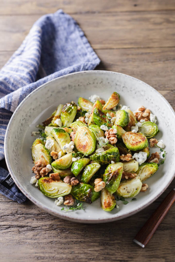 Roasted Brussels Sprouts with Walnuts and Blue Cheese