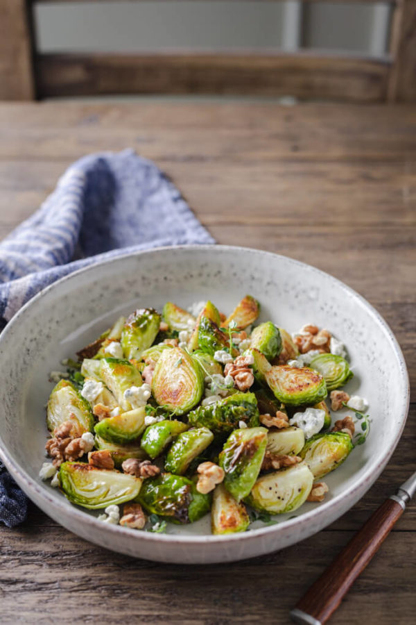 Roasted Brussels Sprouts with Walnuts and Blue Cheese