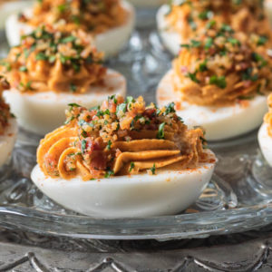 Spicy chipotle keto deviled eggs with bacon