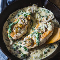 Chicken with spinach and mushrooms in cream sauce in a skillet
