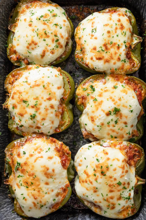 Pan of keto lasagna stuffed peppers