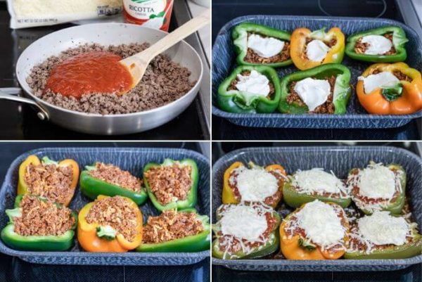 How to make lasagna stuffed peppers composite: add sauce to ground beef, layer ground beef, ricotta and ground beef again, top with mozzarella cheese